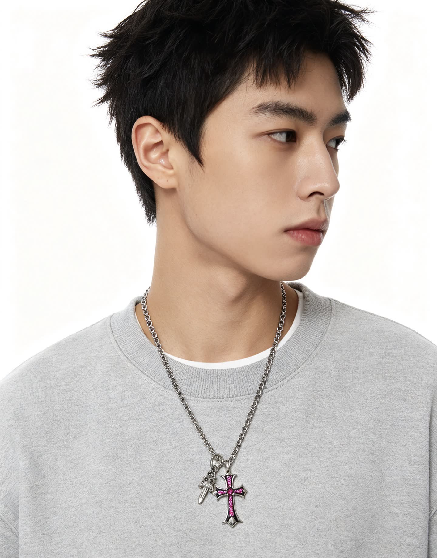 Chrome Hearts Silver Cross Pendant with Pink Stones